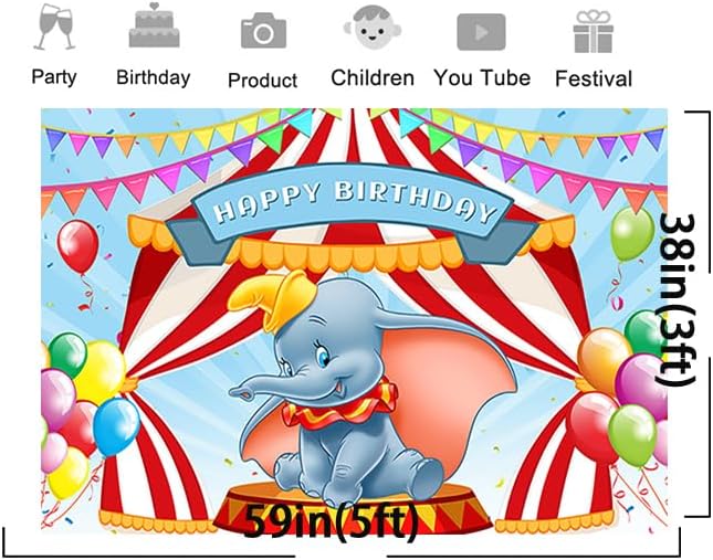 Miniatura 2 de Dumbo - Telón de fondo para fiesta de cumpleaños, fondos de fotos azules, tema de cumpleaños de dumbo, pancarta de baby shower, 59 x 38 pulgadas