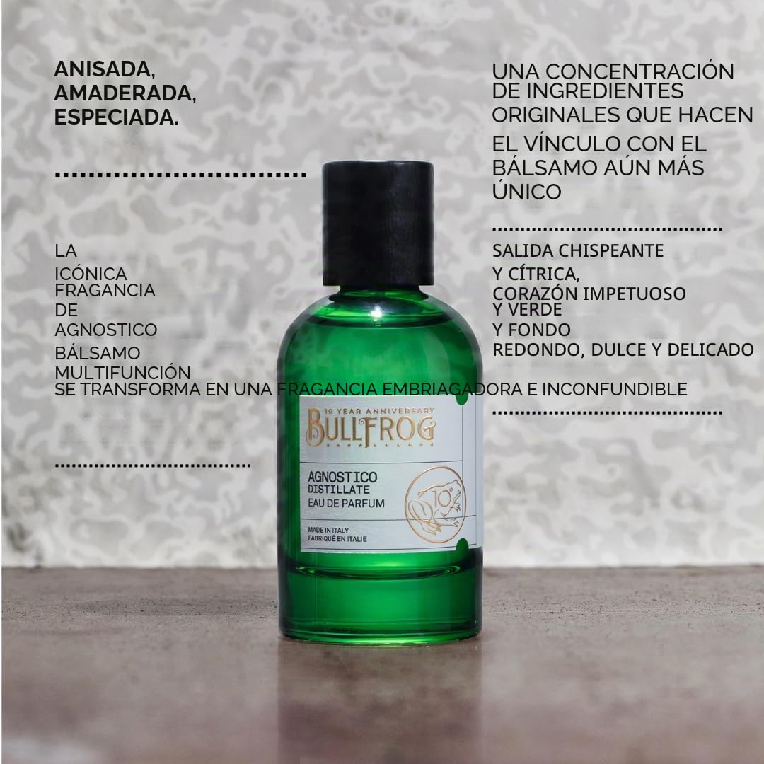 Bullfrog Eau De Parfum Agnostico Destilado 100 ml: Fragancia con Notas de Anís, Madera y Especias, Destacando Limón, Nuez Moscada y Pimienta Rosa - Fabricado en Italia