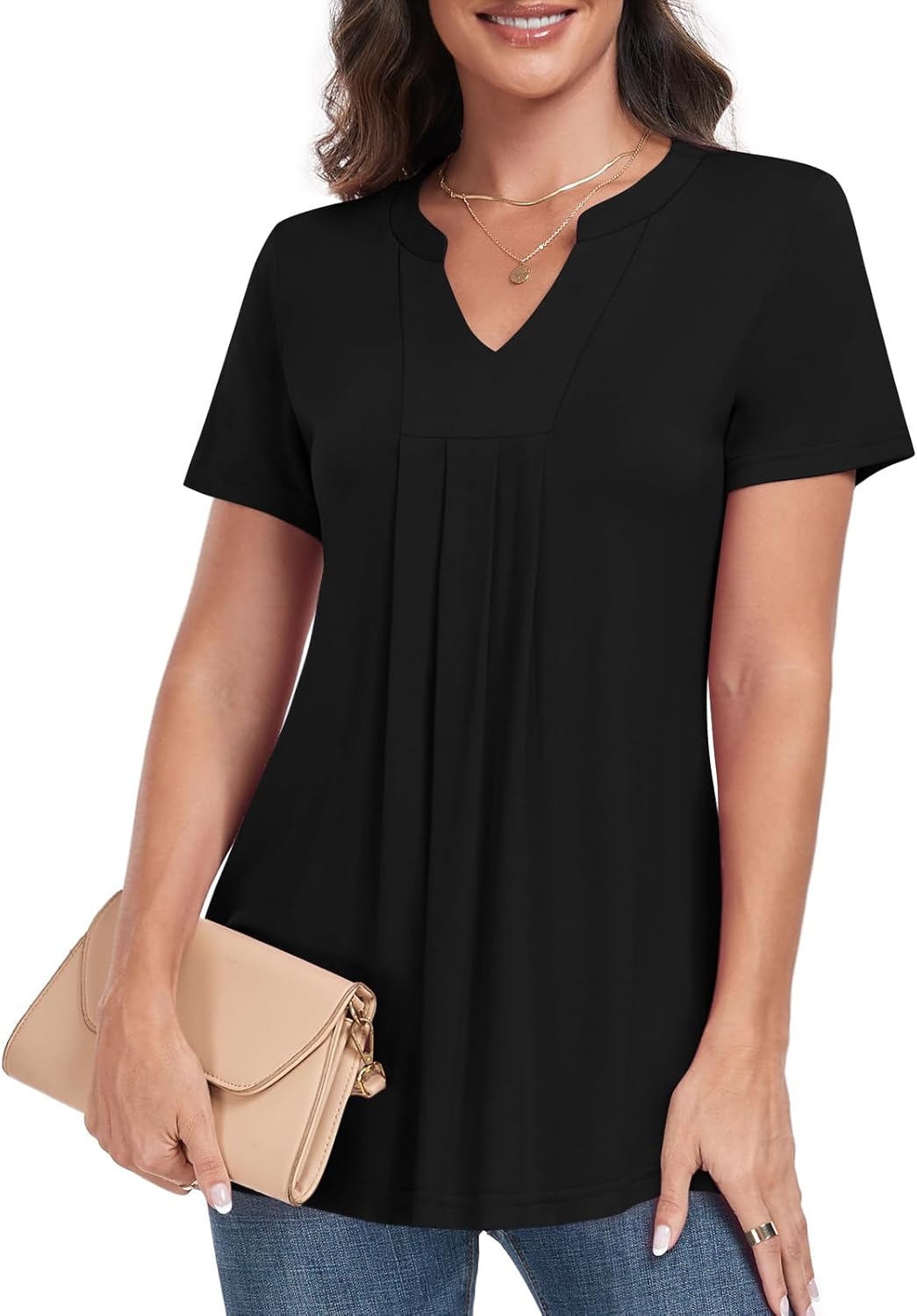Womens Short Sleeve Tunic Tops 2025 Summer Dressy Casual Notch V Neck Shirts - Image 2