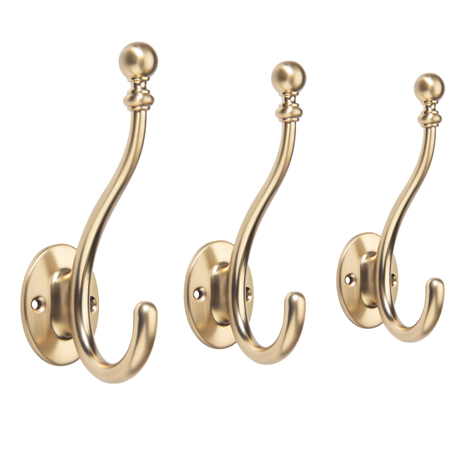 TUNNY Paquete de 3 ganchos para perchero, gancho de bronce champán, para colgar toallas, ropa, batas, doble punta, rústico, montado en la pared, colgador decorativo con tornillos