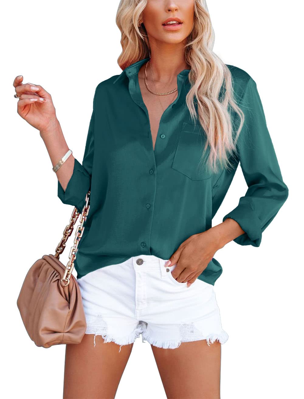 Homlan Blusa elegante de mujer con cuello en V de satén, mangas largas, estilo informal, camisa holgada de color sólido con bolsillo en el pecho