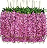 Lmeison 24 Pack Artificial Fake Wisteria Vine (3.6 Feet) Purple Red Wisteria Hanging Flowers Rattan