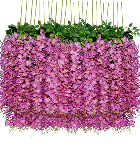 Lmeison 24 Pack Artificial Fake Wisteria Vine (3.6 Feet) Purple Red Wisteria Hanging Flowers Rattan Hanging Garland Silk Flowers String For Wedding Party Garden Greenery Home Wall Decor #TOP19