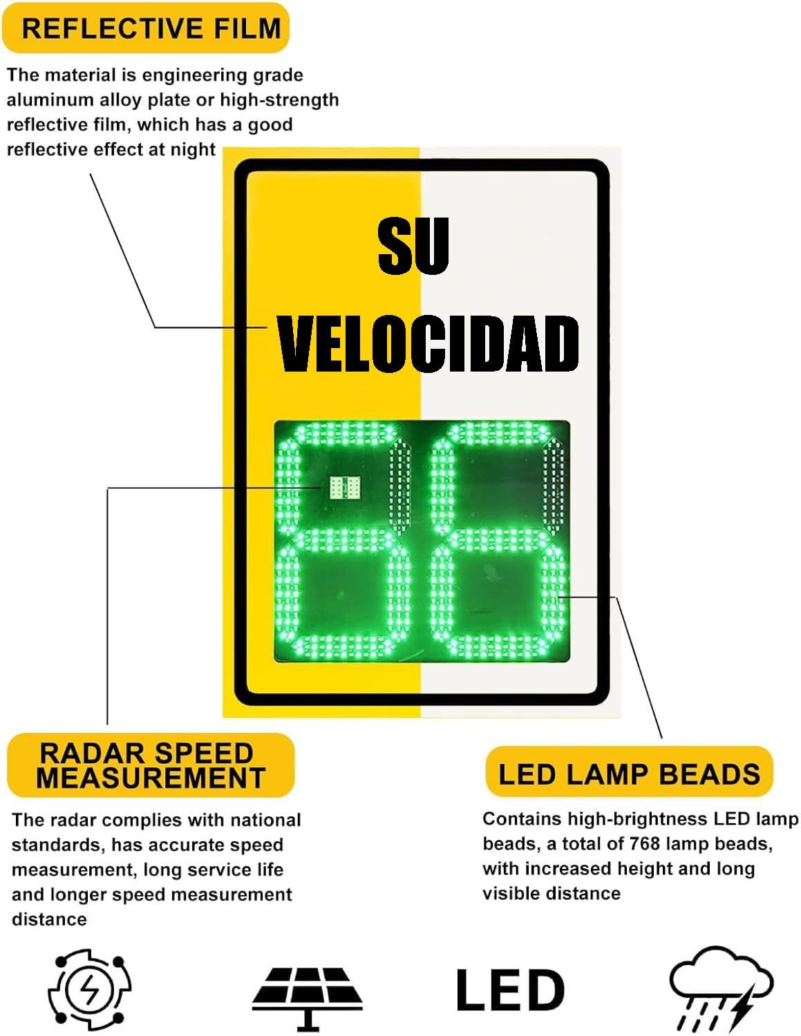 50x70cm/60x90cm Señal trafico Radar Control Velocidad, Energía solar LED Intermitente Cartel Control Velocidad Indicador de velocidad, Kilometraje/Millas Ajustables