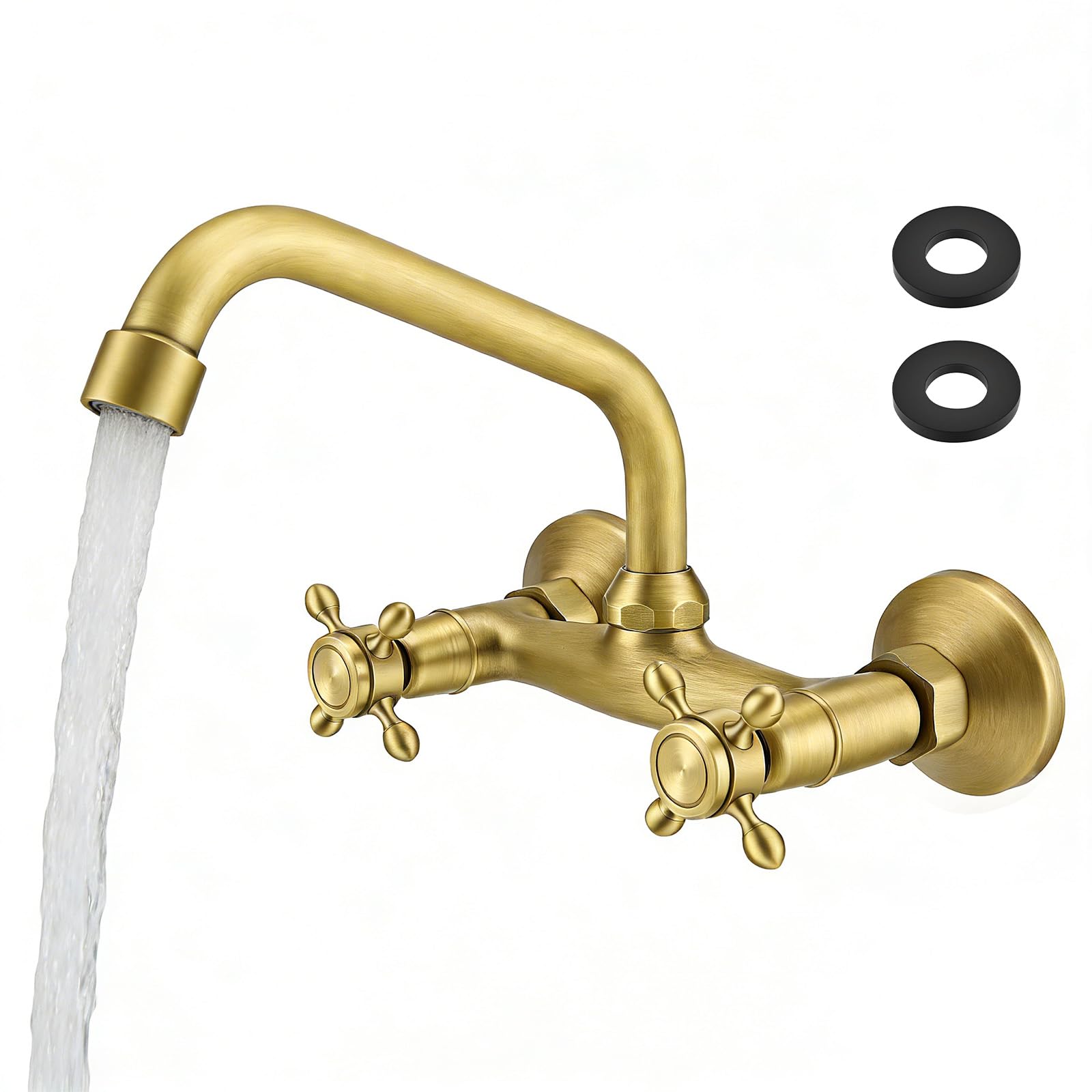 Rubinetto Bagno Lavabo a Muro in Ottone Anticato, Vintage Miscelatore Lavello Cucina a Parete, Girevole 360° Doppia Manopola per Rubinetto Cucina e Bagno, Bocca 25 cm