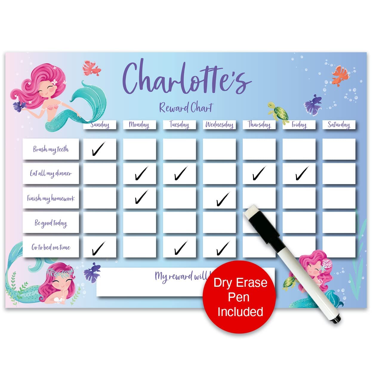 Paper Themes Personalised Reward Chart for Children | Behaviour Charts for Children for Responsibility and Routine with Dry Erase Pen (Mermaid)