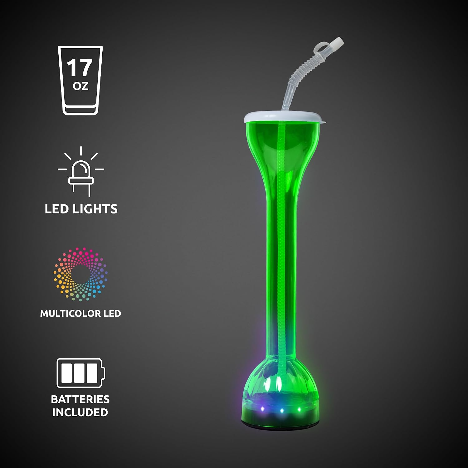 Fun Central 17 oz Green LED Flashing Yard Glass with Straw - Vibrant Light-Up Drinkware for St. Patrick's Day & Celebratory Occasions image 3