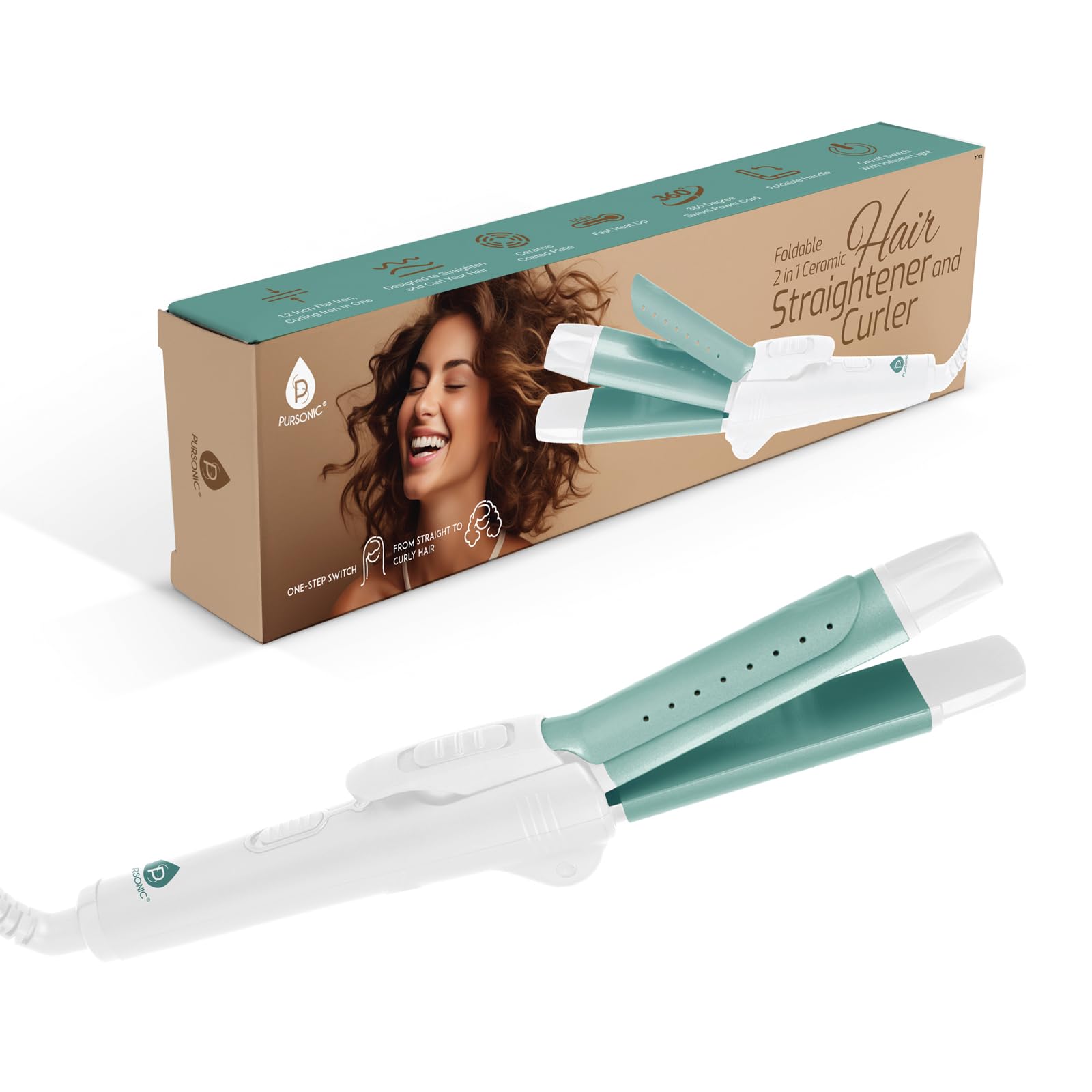 PURSONIC Ceramic Hair Straightener and Curler - Dual-Purpose Hair Iron for Travel, Quick Heating 2-in-1 Styling Tool