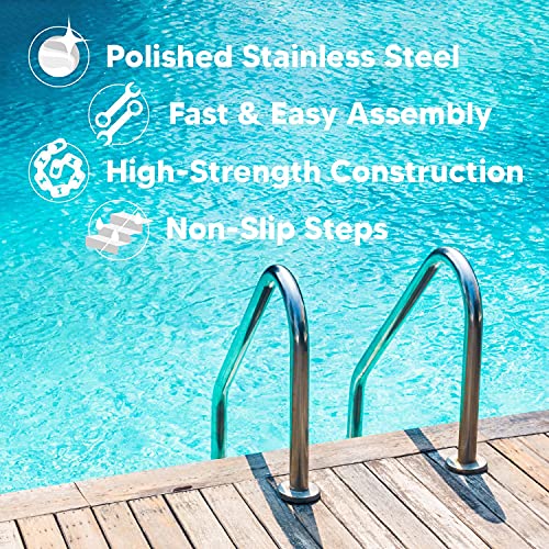 24 Inch 3 Step In-Ground Swimming Pool Ladder, Metal, Stainless Steel Polish, Non-Slip #TOP2