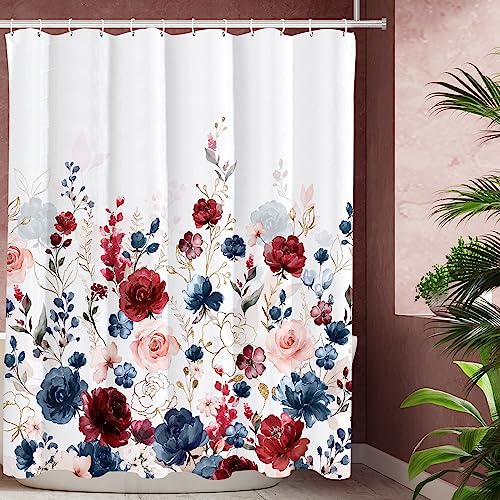 Tititex Aesthetic Navy Red Pink Rose Floral Shower Curtain Sets, Watercolor Gold Flowers Leaves Bathroom Decorative 71x71 Inch Polyester Waterproof Fabric Bath Curtain with Hooks by Tititex - Used condition - Image 3
