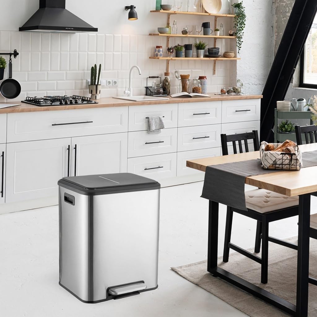 Trash Can with Lid, Stainless Steel Garbage Can for Kitchen with Step-on Dual Compartments, Large Recycling Bin with Removable Plastic Inner Bucket, Rectangular Waste Bin (Silver, 2 x 4 Gallon)