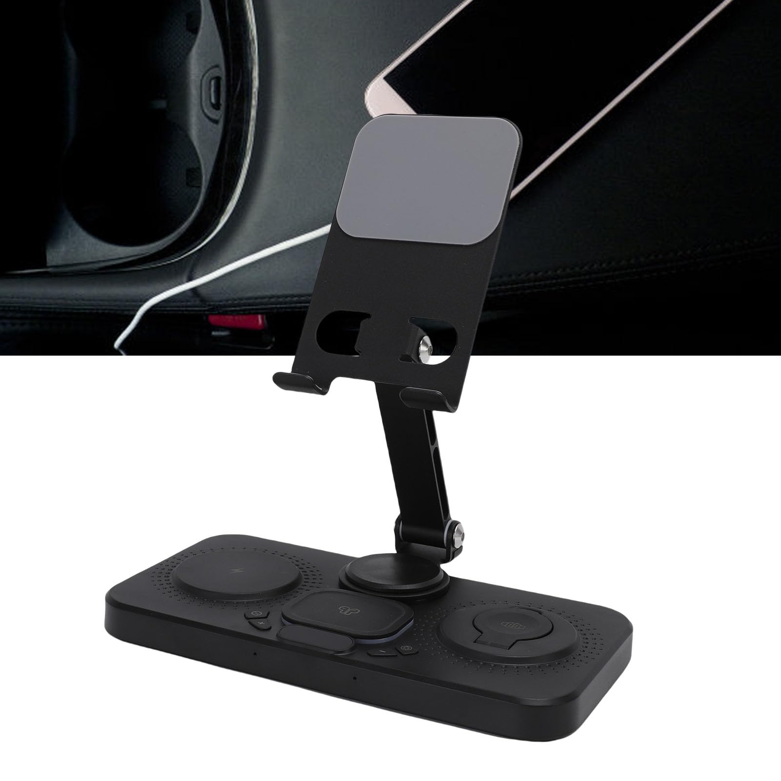 Haofy Caricabatterie Wireless Pieghevole da 15 W per Dispositivi IOS con Sveglia e Illuminazione a 6 Colori per Comodino (BLACK)