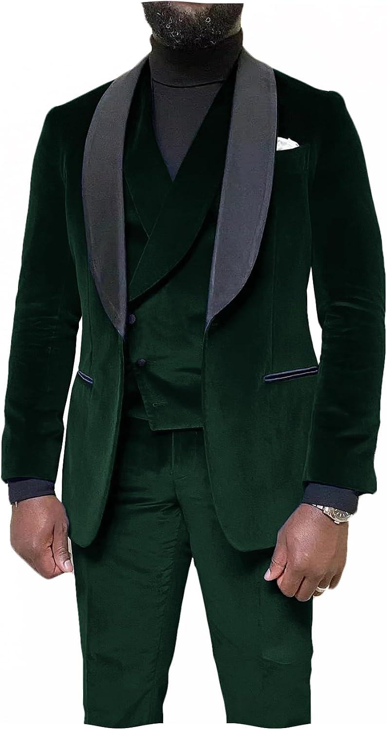 VENNYNG Men's Peak Lapel Velvet Suit 3 Piece Wedding Prom Tuxedo Suit Winter Men Suit