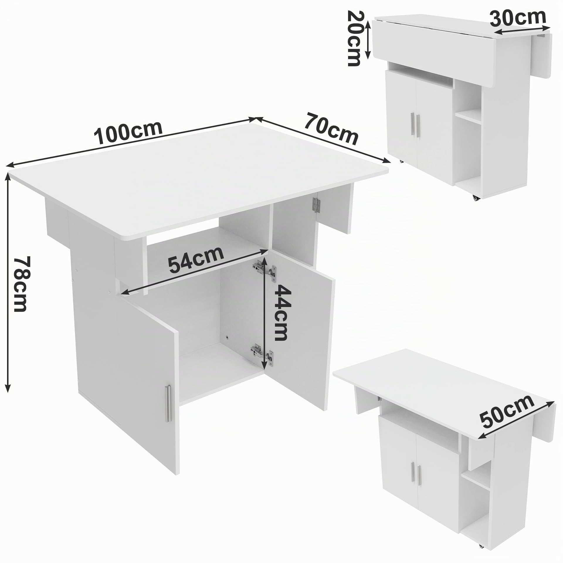 Mesa Plegable Cocina Móvil para Comedor Salón Escritorio, Blanco | 100x70x78cm Mesa Comedor Plegable con Amplio Espacio de Almacenamiento, Ruedas Giratorias y con Bloqueo, para 2-4 Personas