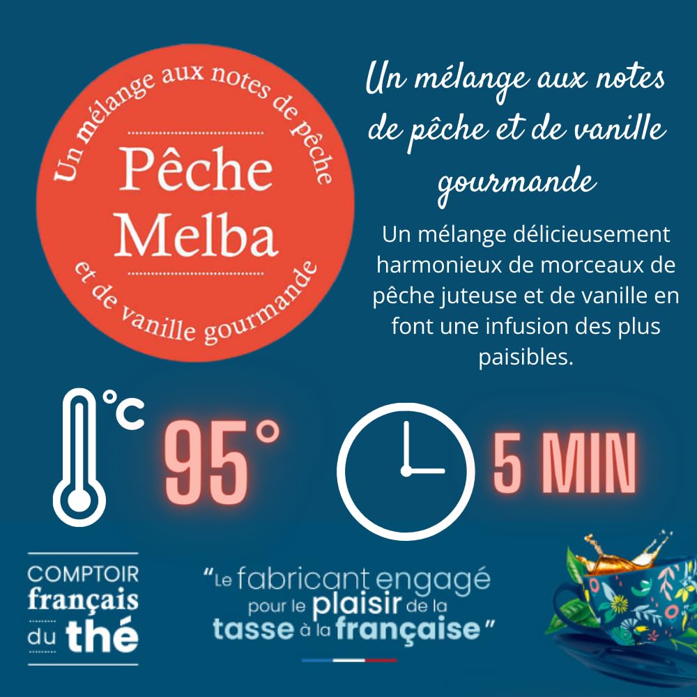 2x100g d'Infusion Pêche Vanille - Pêche Melba COMPTOIR FRANÇAIS DU THÉ | Notes de Pêche et de Vanille - Délicieux chaud ou glacé, parfait en thé glacé maison - coffret thé à offrir - thé de Noël