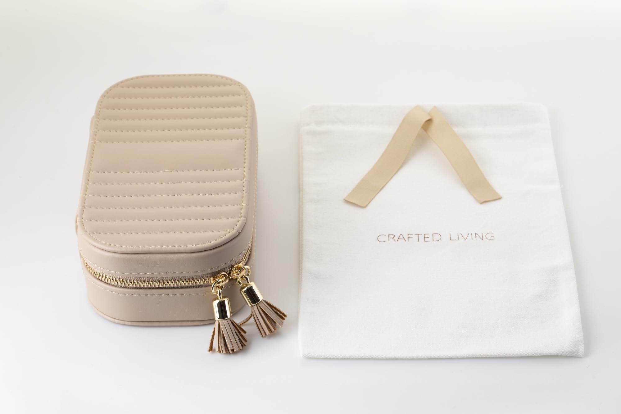 Crafted Living Oval Jewelry Travel Case - Beige Faux Leather Box With Mirror & Dust Bag - View #7