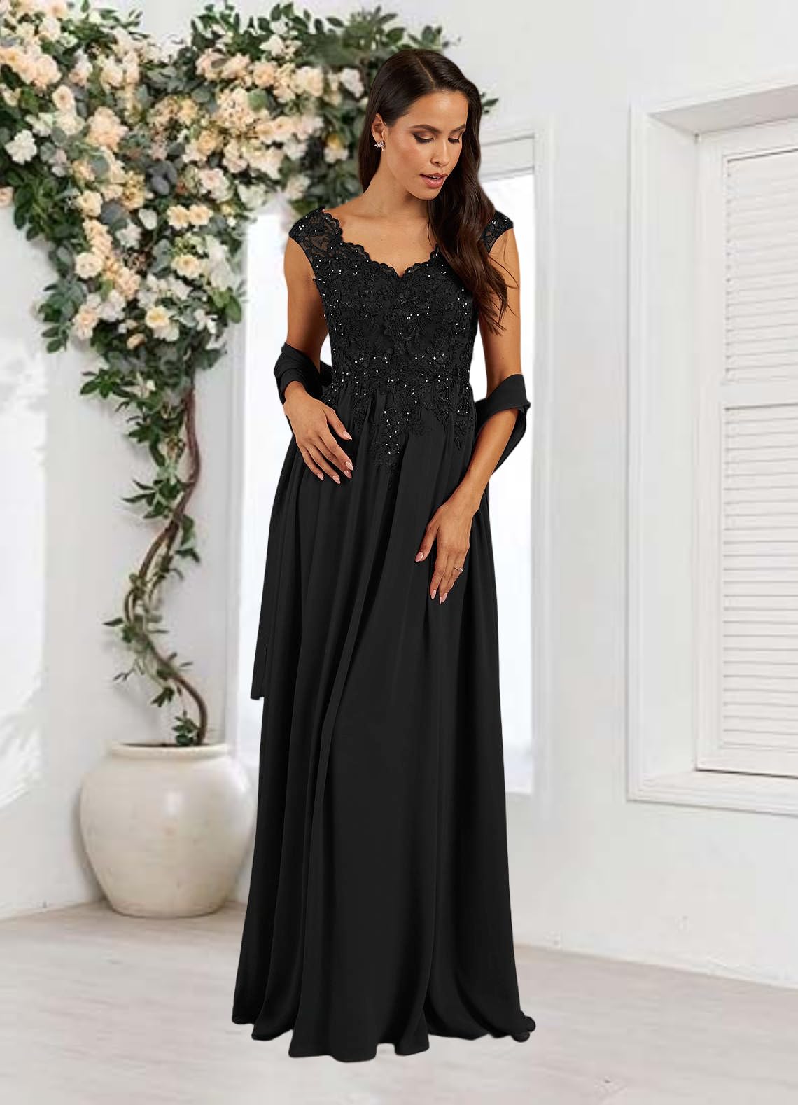 HUINI Damen Brautmutterkleider für Hochzeit Bodenlänge Chiffonkleid mit V-Ausschnitt und Pailletten Kleid Hochzeitsgast Damen Formell Abendkleider Elegant Für Hochzeit