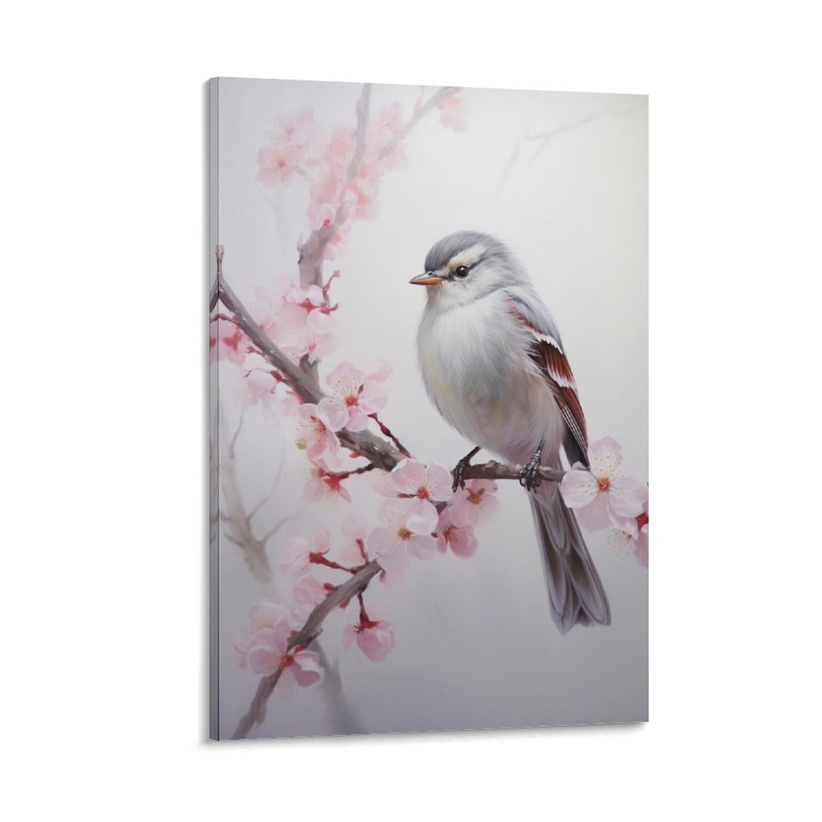 Gmukiffy Branch Bird Painting On Canvas Wall Art Pink Watercolor Cherry Blossom Wildlife Stretched And Framed Canvas Prints Artwork For Home Decorations Ready To Hang Wall Decor 08X12inch(20X30cm)