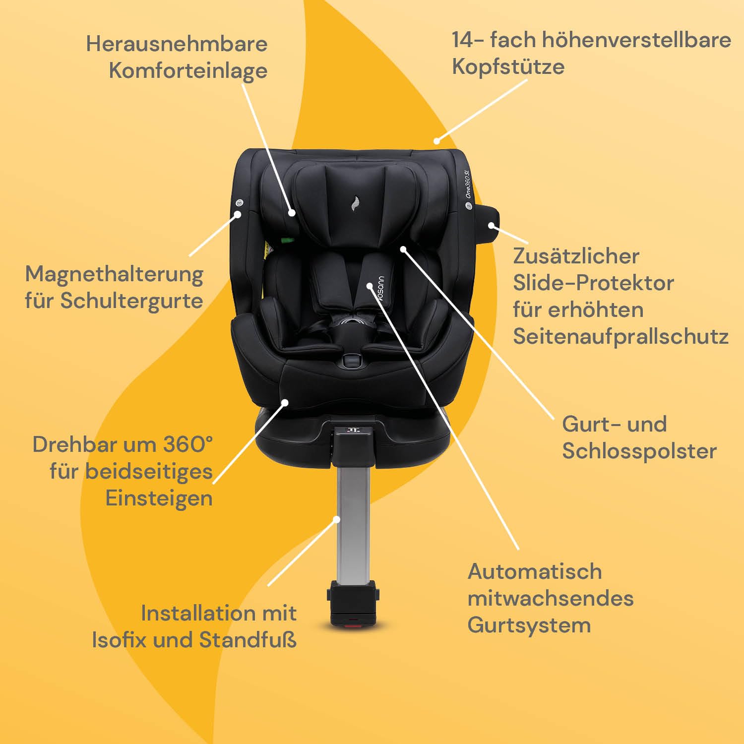 Osann One360 SL i-Size, seggiolino per bambini girevole a 360 gradi con Isofix + base, da 40 – 150 cm, seggiolino auto – All Black