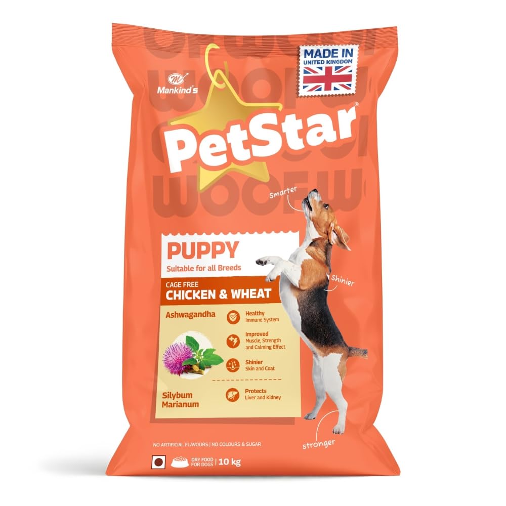 Mankind Petstar Puppy Dry Dog Food (High Protein) Chicken & Wheat Flavor, 10kg | Improves Muscle & Strength, Supports Immunity, Protects Liver & Kidney