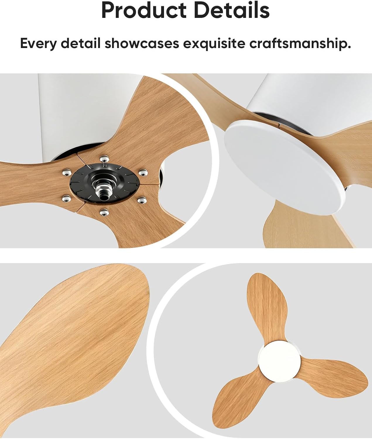 Ceiling Fans No Light with Remote 25In White Ceiling Fan Without Lights 3 ABS Wood Color Blades Fans, Timer, Quiet DC Motor, 6 Speeds Modern Flush Mount Pendant Fans for Bedroom Living Room Patios