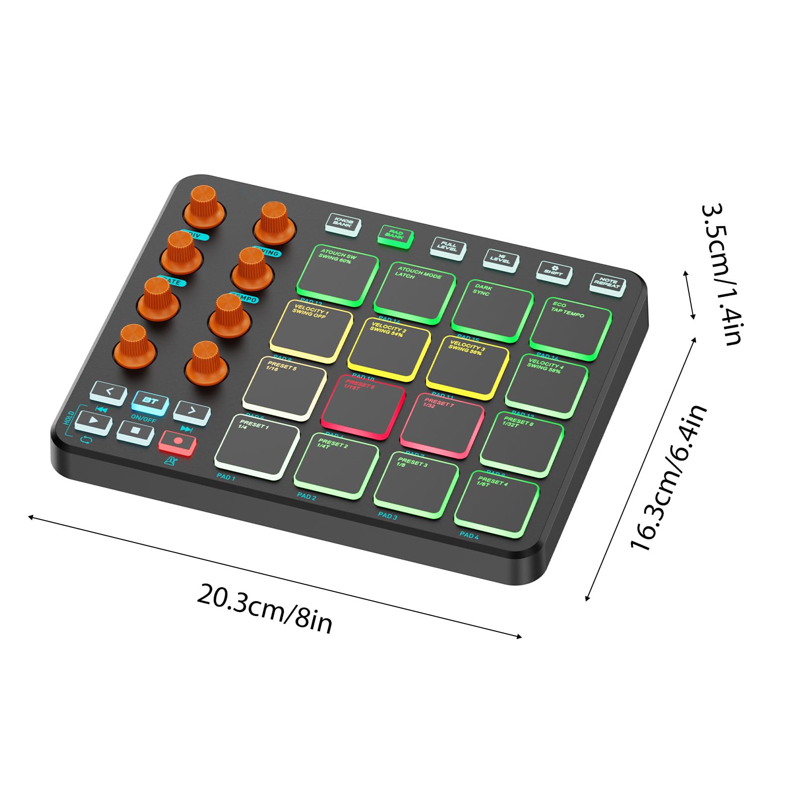 Controlador MIDI, 16 Pads RGB 8 Perillas 6 Botones Personalizables Batería Inalámbrica Recargable de 2000mAh, con Conexión USB MIDI para Profesionales Principiantes en (Negra)