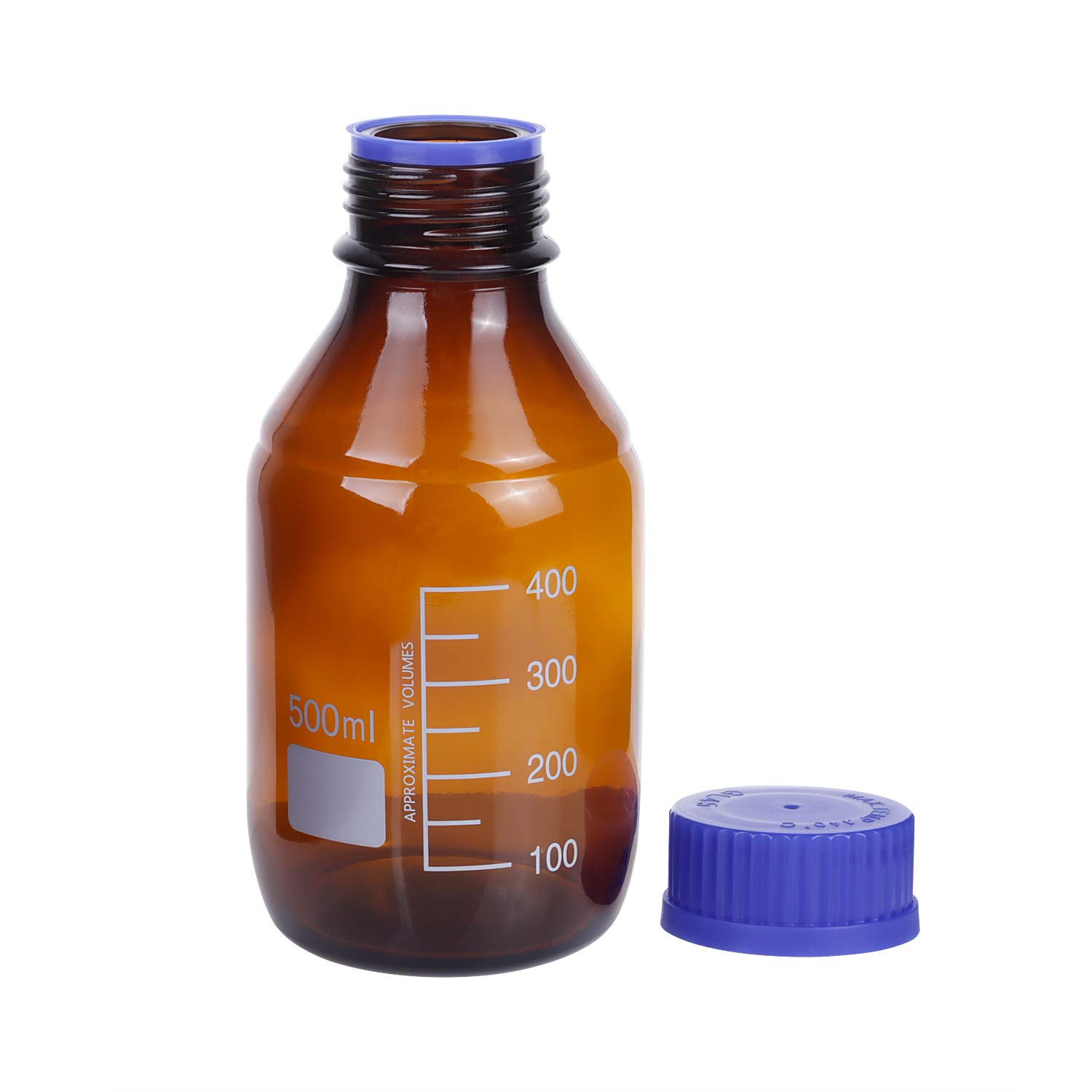 Paquete de 8 botellas de vidrio de borosilicato ámbar de 500 ml graduadas redondas de reactivo de laboratorio/almacenamiento con tapa de rosca azul GL45