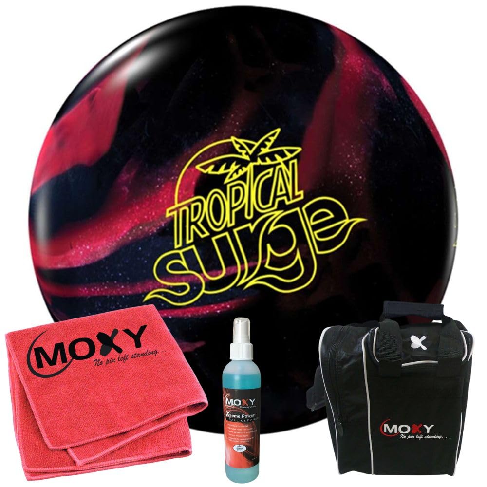 Storm Tropical Surge Black/Cherry Bowling Ball | Moxy Strike Black Bowling Bag | Moxy Red Micro Fiber Towel | Moxy Xtreme Power Cleaner Package 10lbs