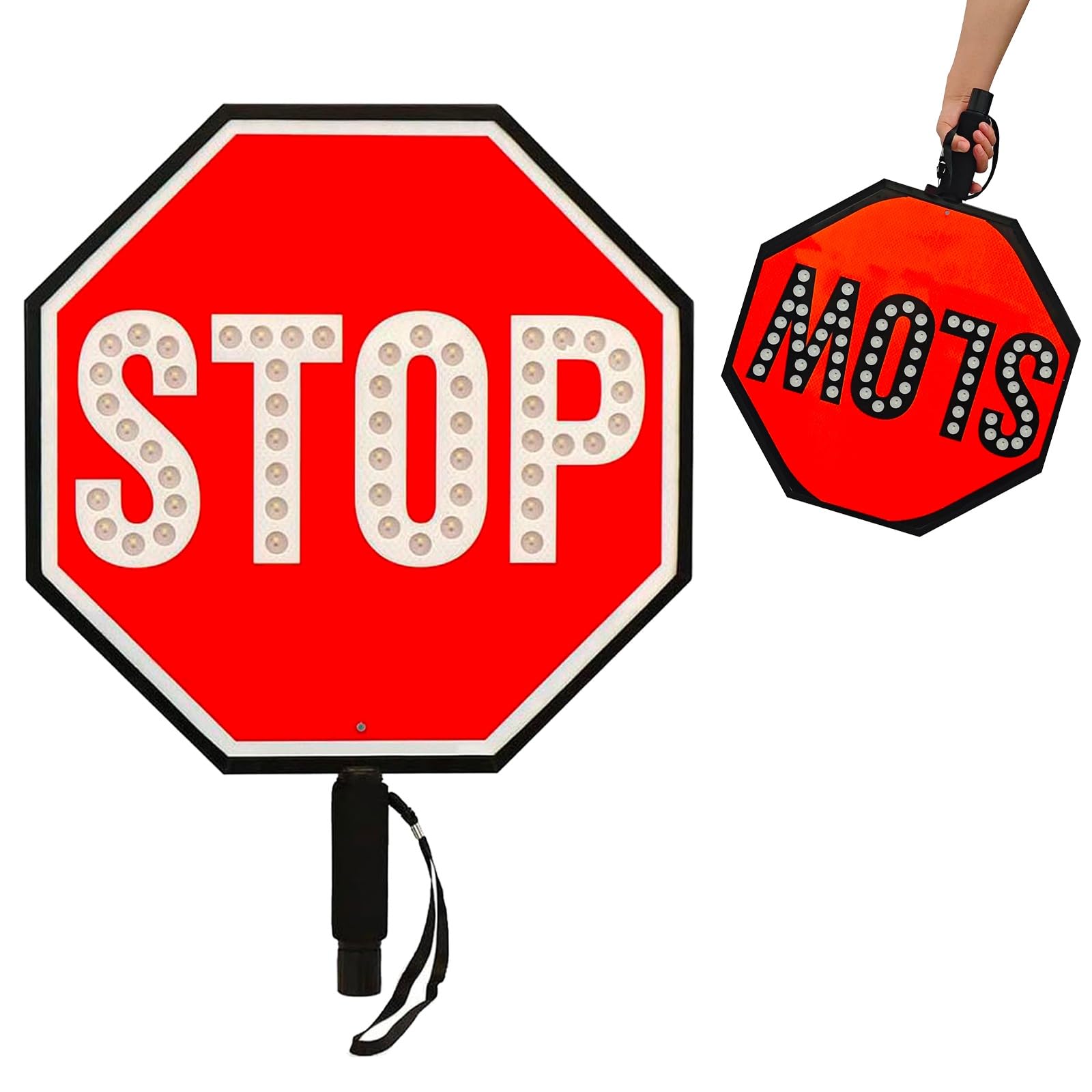 Señal LED Stop Slow Paddle de 18 pulgadas con cuentas LED de alto brillo, señal de control de tráfico reflectante recargable para construcción y banderas