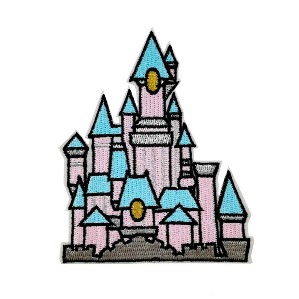 Écusson château brodé rose bleu argenté 10,2 cm à thermocoller ou coudre