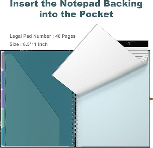 Miniatura 5 de Hongri Folio portapapeles con bloc de notas forrado recargable, carpetas de 8.5 x 11 pulgadas con almacenamiento de 10 bolsillos, cartera en