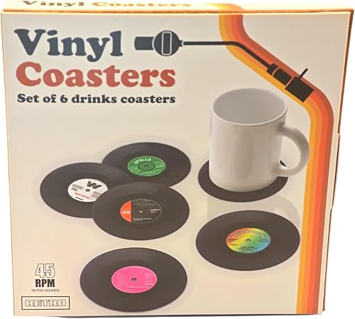 Miniatura 6 de Juego de 6 posavasos de vinilo retro, antideslizantes y resistentes al calor, para bebidas frías y calientes, se adapta a todos los tipos de tazas,
