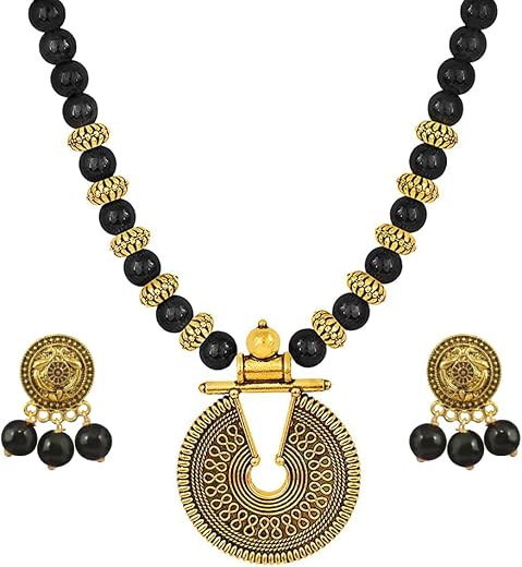 JFL Gold Mint Green Beaded Necklace set Keyhole pendant design adjustable length designer set for women & girls