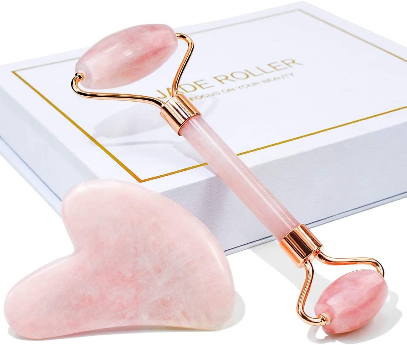 Jade Roller and Gua sha set - Facial Tools, 100% Natural Rose Quartz GuaSha Stone for Skin Care Routine, reduce wrinkles aging and eyes Puffines Pink Set