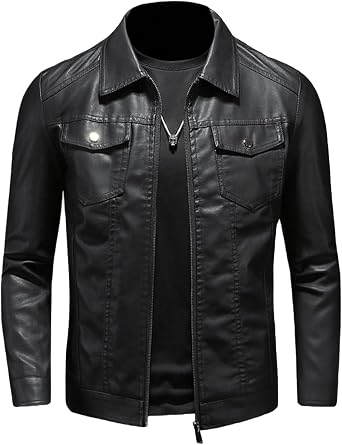 INVACHI Leather Jacket Men Lightweight Faux Leather Motorcycle Biker Jacket Vintage Slim Fit Stand Collar Casual Jacket