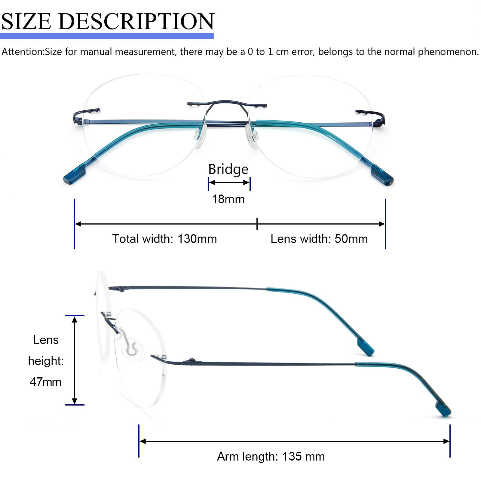 MMOWW Circular Gafas de lectura sin Marco Gafas Aleación Titanio Ultraligeras Para Hombres y Mujeres, Gafas de Computadora de Ayuda con lente de Resina (Azul, +2.0)