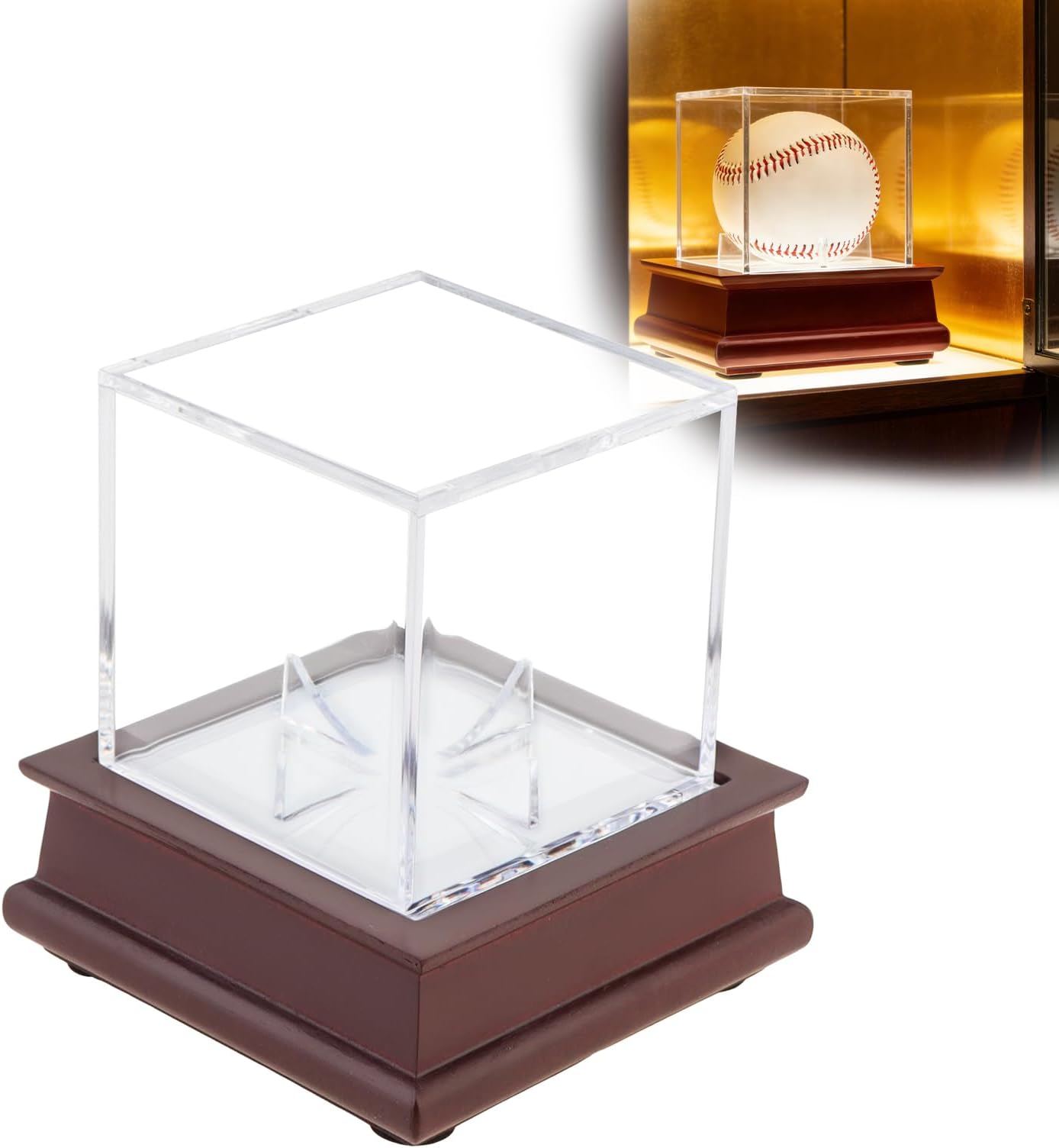Acrylic Display Cases Clear,UV Protected Cube Ball Holder with Mirrored Wood Base Suitable for Baseball, Tennis Ball and Souvenir Items up to 3 x 3 Inch