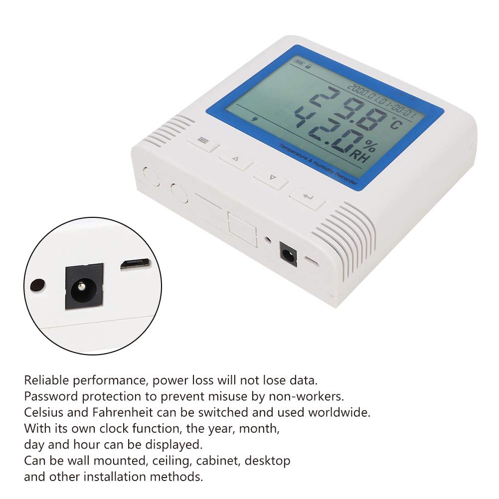 Registrador de temperatura y humedad con interfaz USB y pantalla LCD grande: pantalla con ángulo de visión amplio y reloj integrado para registro de datos y monitoreo ambiental