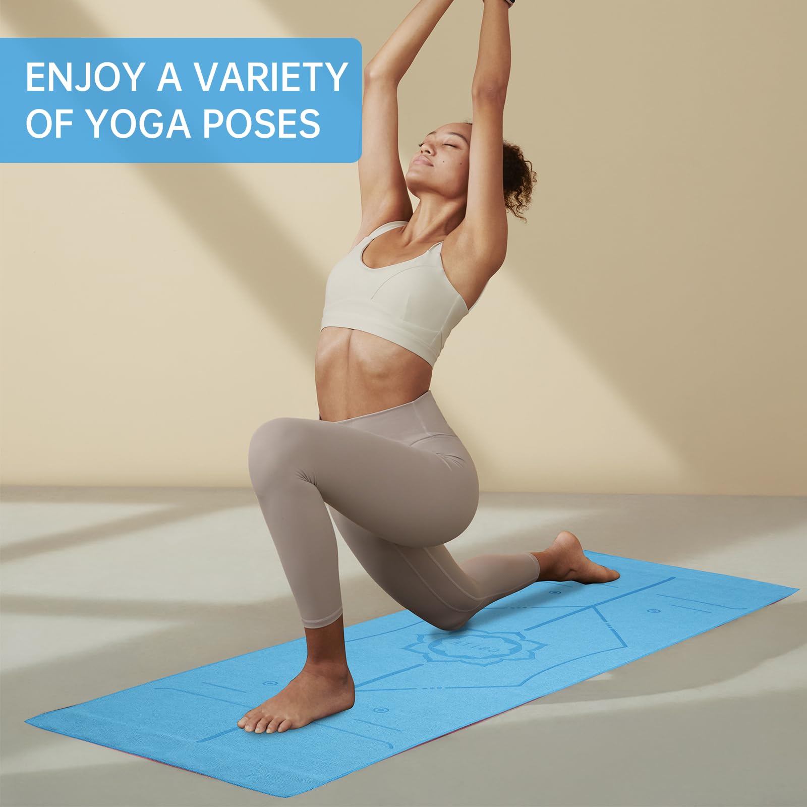CSITE Toalla para esterilla de yoga con puntos de agarre de silicona y diseño rectangular, toalla antideslizante con línea de alineación + 1 toalla de mano, 72 x 24 pulgadas, azul oscuro