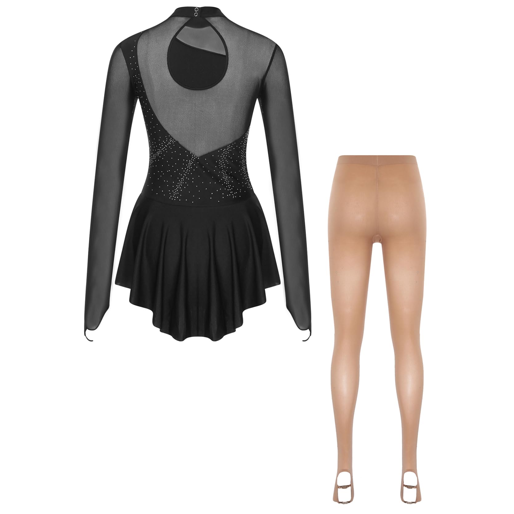 inlzdz Damen Eiskunstlauf Kostüm Langarm Kürkleid Eiskunstlauf Kleid mit Leggings Trainingshose Übung Eislaufen Kleidung Wettkampf Auftritt