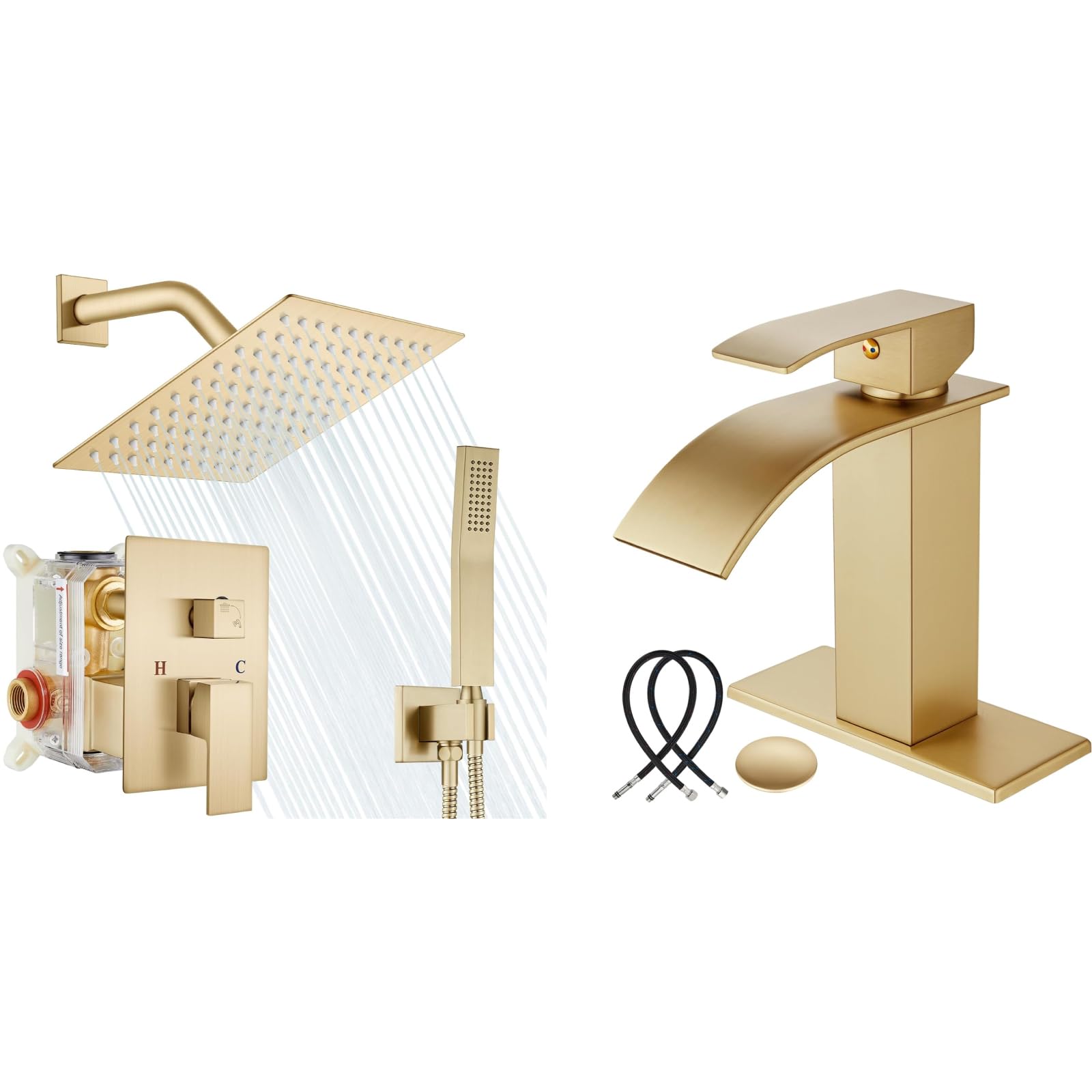 Hcfyauis Gold 8 Inch Brushed Rain Shower System Square Rainfall Showerhead With Brushed Single Handle Waterfall Spout Bathroom Sink Faucet With Drain