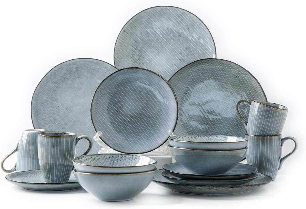 Pangu 16-Piece Dinnerware Set, Service for 4, Grey with White Stripes, 4 Bowls, 4 Dishs, 4 Salad Plates, 4 Mugs, Zen