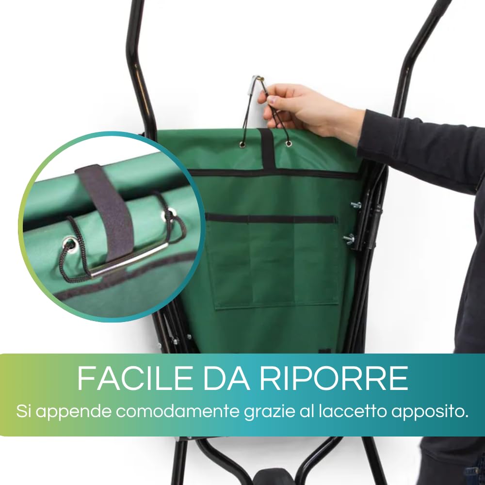 Virsus Carriola Pieghevole capacità 70 Litri 45 kg, Carrello da giardino struttura acciaio, sacca in tessuto, ruota diametro 20cm, ideale per il trasporto di legno, rifiuti da giardino, foglie - (F)