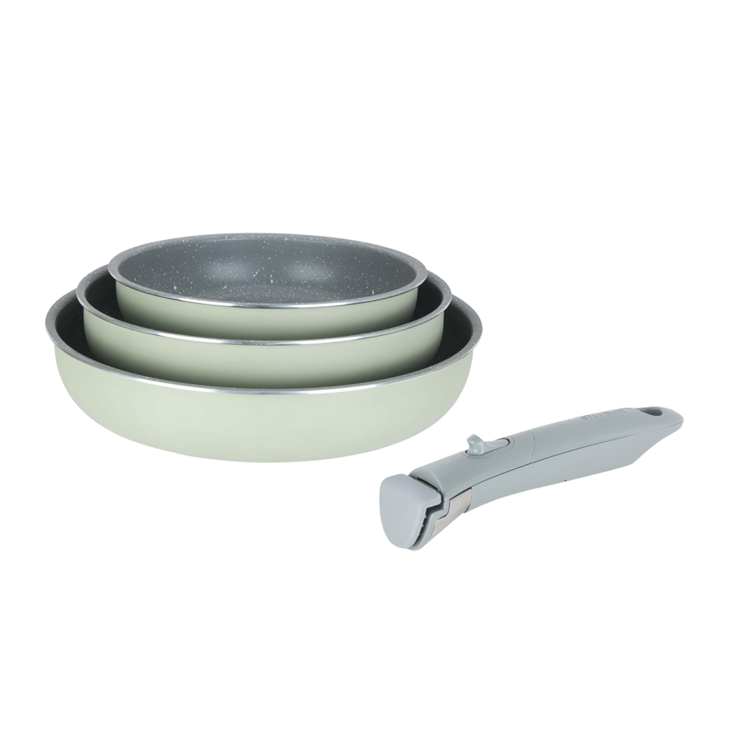 Sitram 716940 - Set di 3 padelle in alluminio, serie FAMILY, Ø 20,24,28 cm, rivestimento antiaderente in ceramica effetto pietra, colore verde, manico rimovibile SITRAMOVIble, tutte le luci incluse