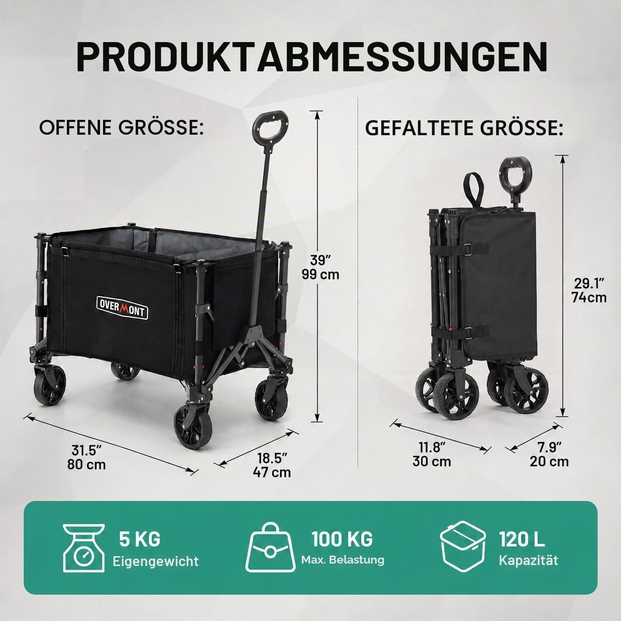 Overmont Bollerwagen Faltbar 3-in-1-120L 100KG Belastbar Klappbarer Handwagen mit All-Terrain Rädern - Leicht & Kompakt Faltwagen - für Camping, Garten, Strand, Einkauf, Sport, Transport
