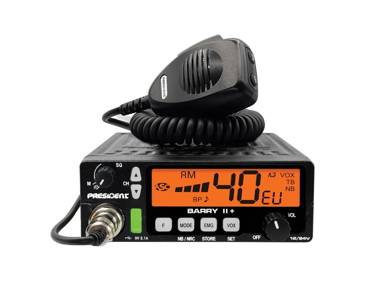 President Barry II+, radio CB 12V 24V, comunicazione AM FM, display LCD a colori, VOX vivavoce, filtro antirumore, funzione di salto scansione, USB, radio CB compatta per autocarro