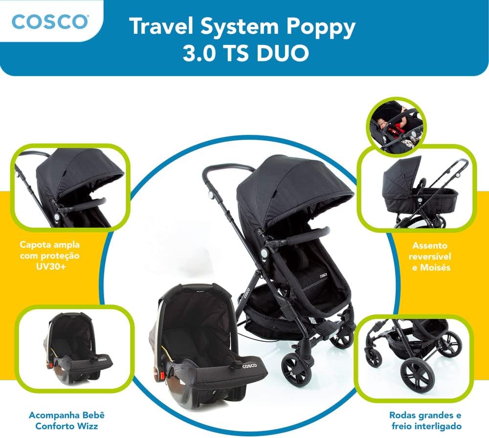 Cosco Kids, Travel System Poppy Duo, Preto Mescla