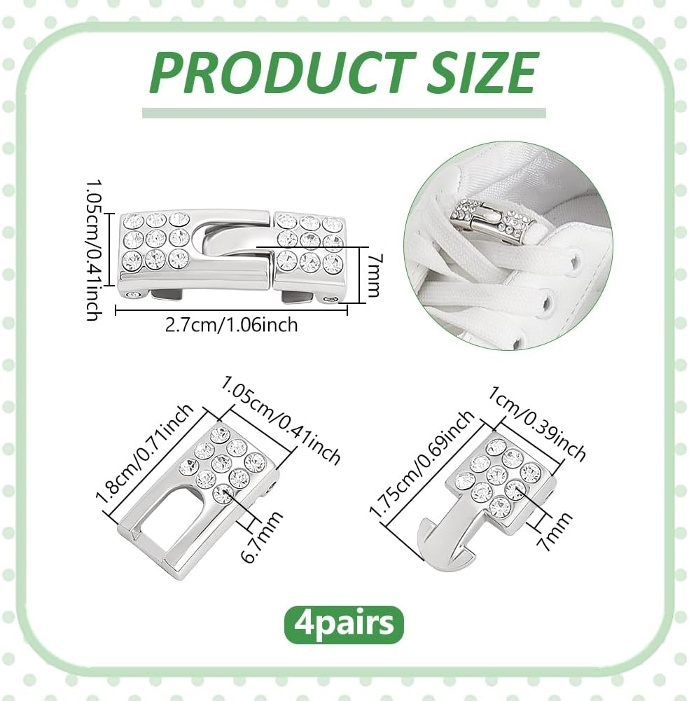 FINGERINSPIRE 4Pairs Rhinestone Shoelace Locks 10.5x27mm No Tie Shoe Buckles Metal Adjustable Sparkly Shoelace Fasteners