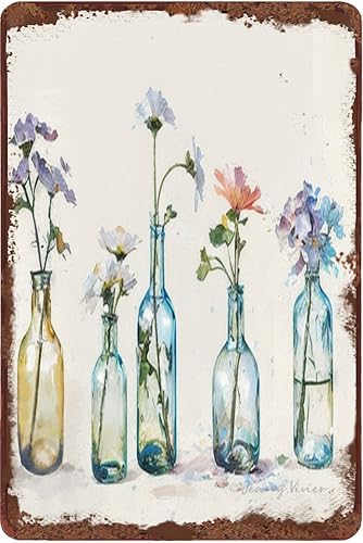 Zomyto Letrero de hojalata vintage de flores, arte de pared floral para decoración del hogar, oficina, baño, póster floral, arte de jarrón, ramos