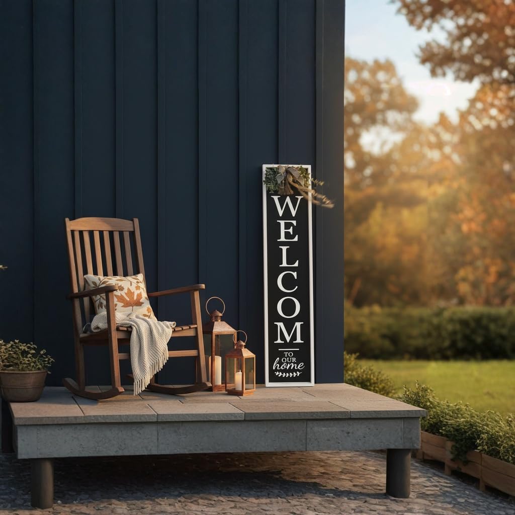 Welcome Sign for Front Porch, 45"×9" Welcome to Our Home Sign Strength Durability, Outdoor Welcome Sign Wooden Frame Weight Light for Farmhouse Wall Hanging Decoration (White)
